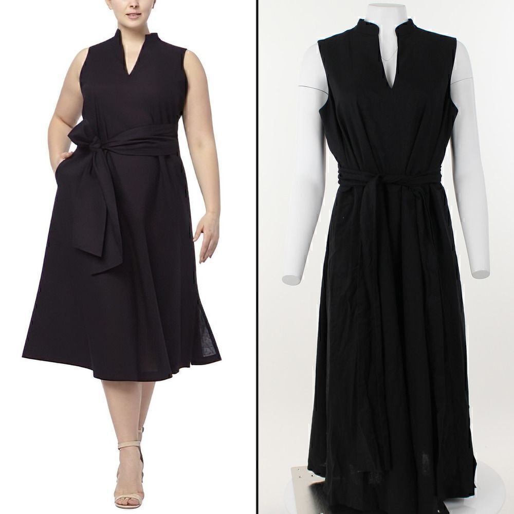 Anne Klein Plus Size Belted MIDI Dress - Anne Black
